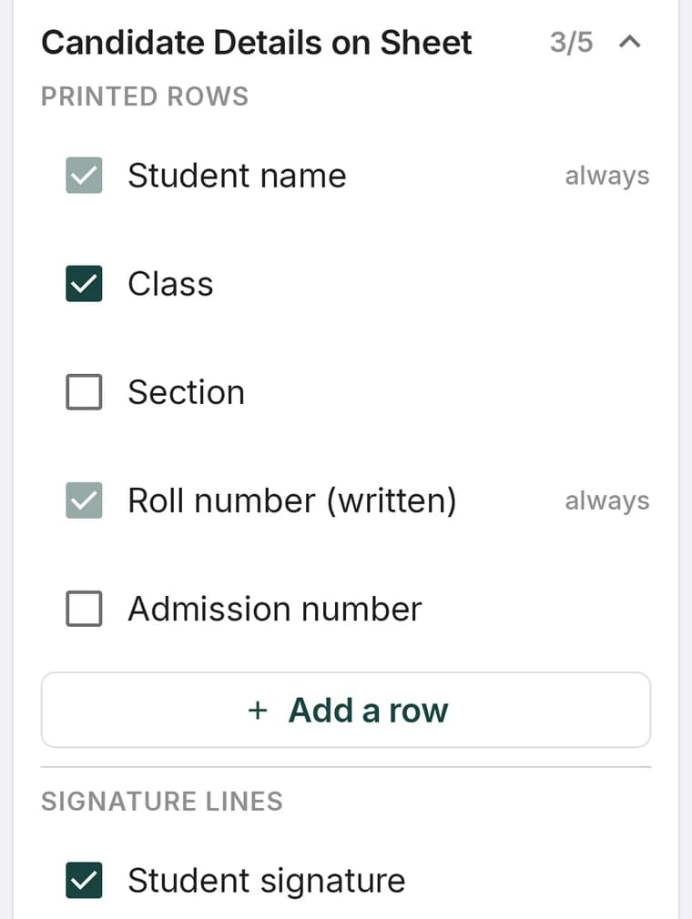 The Candidate Details on Sheet panel with checkboxes for student name, class, section, roll number and admission number