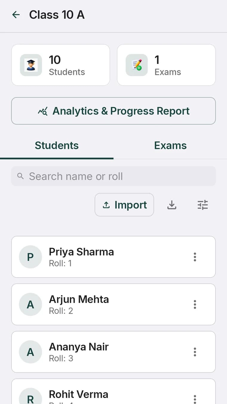 A class page showing 10 students, the exams tab, and import and export controls