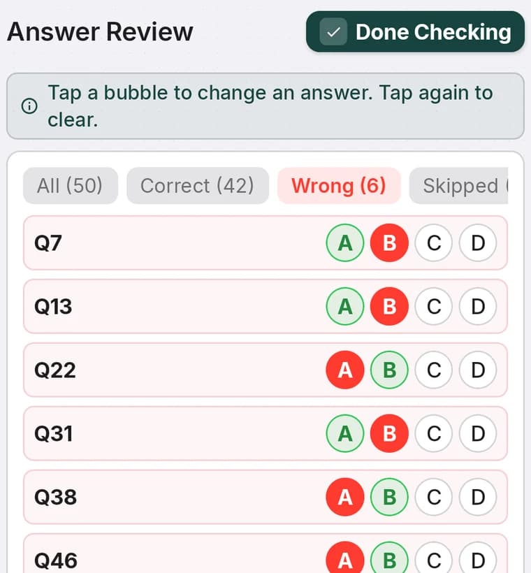 Manual Check mode with tappable A B C D options on each question