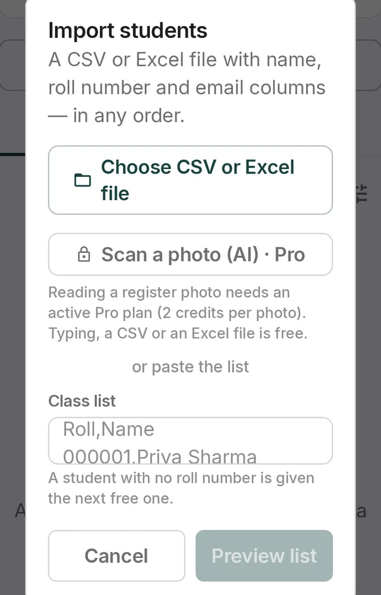 The Import students dialog offering a CSV or Excel file, an AI photo scan, or pasting the list