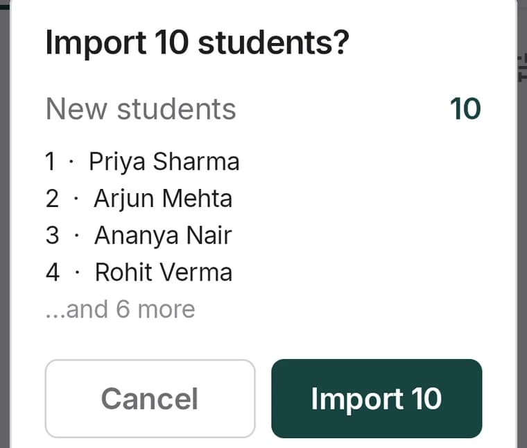 An import preview showing 10 new students with the first four names listed