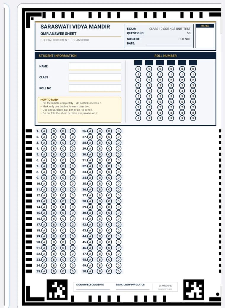The Premium Edition OMR sheet template preview with boxed candidate fields