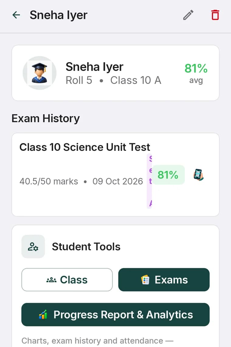 A student page showing an average, exam history with one exam, and student tools