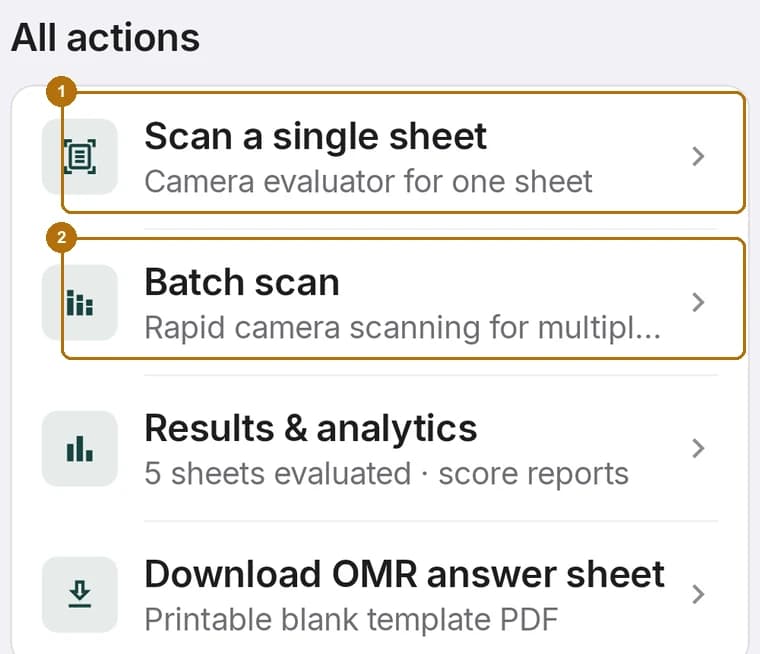 Batch scanning modes in ScanScore showing auto-capture and batch controls
