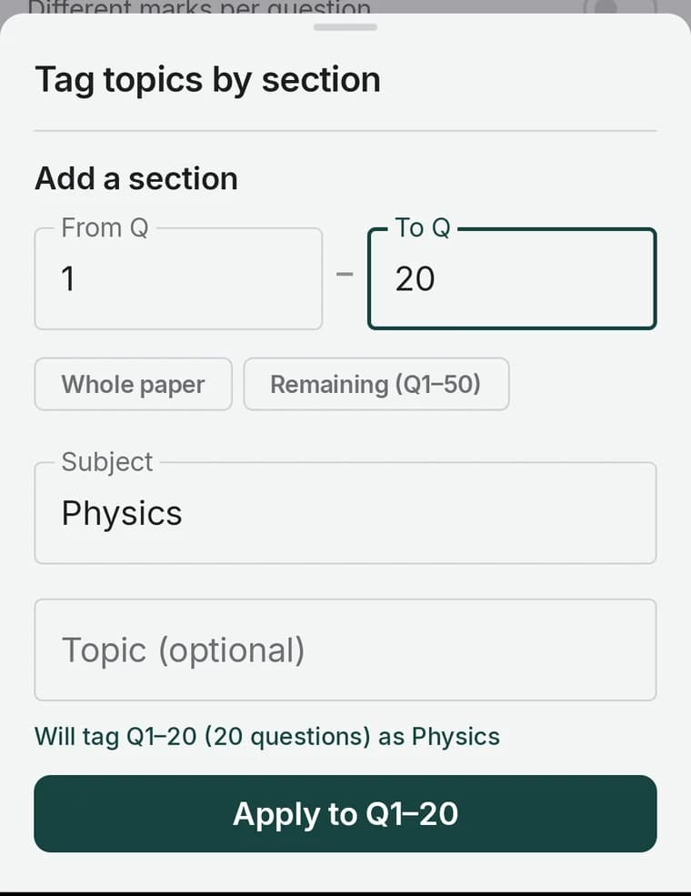 The Tag topics by section dialog with a From Q and To Q range and a subject field