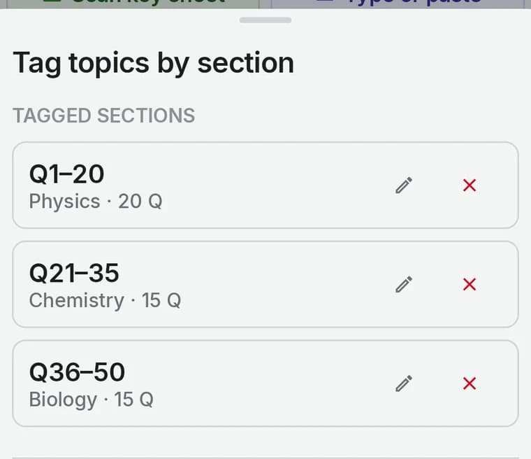 Three tagged sections listed: Q1 to 20 Physics, Q21 to 35 Chemistry, Q36 to 50 Biology