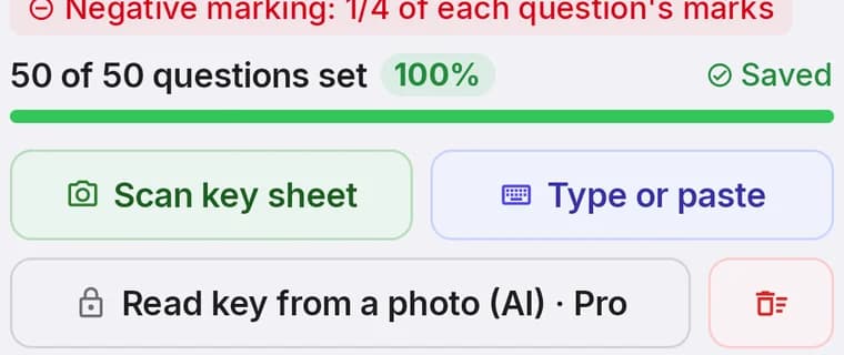 The answer key header reading 50 of 50 questions set, 100 percent, Saved