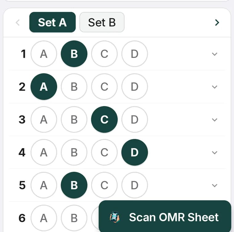 The answer key grid with Set A complete and Set B still to do