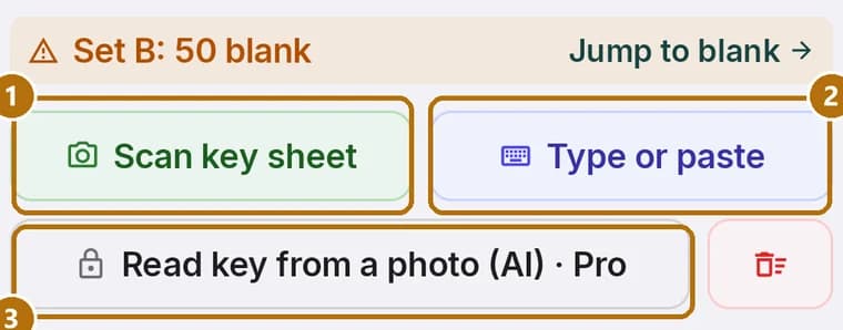 The three key-entry buttons: Scan key sheet, Type or paste, and Read key from a photo