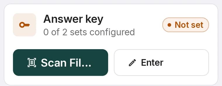 The answer key card on a ScanScore exam page reading 0 of 2 sets configured, Not set