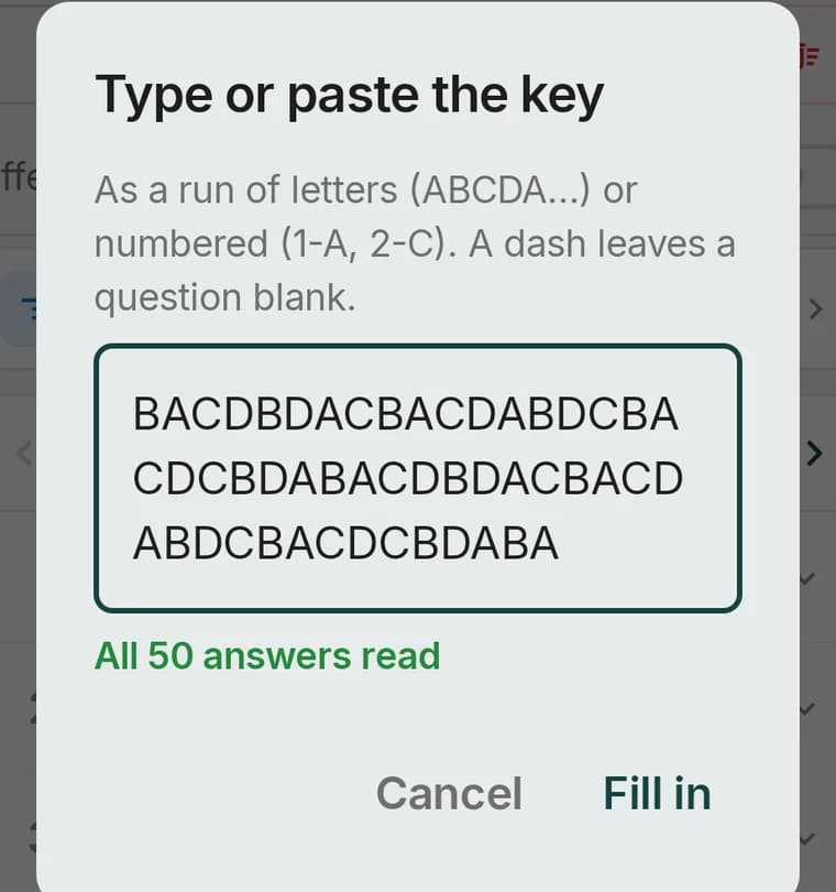 The Type or paste dialog with a run of 50 letters pasted in and All 50 answers read shown below