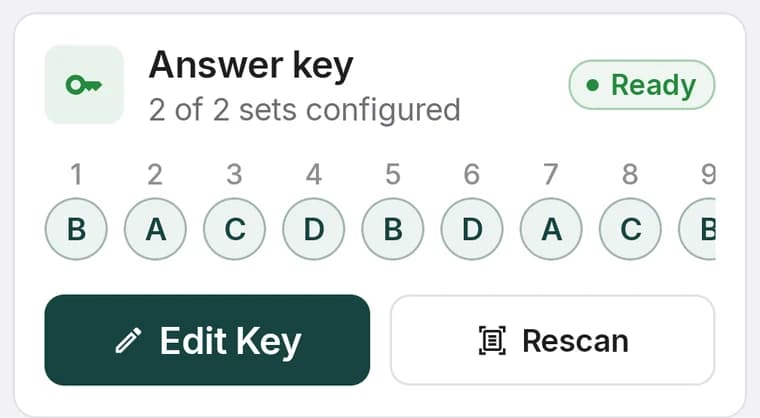 The exam page answer key card showing Ready with a preview strip of the first answers