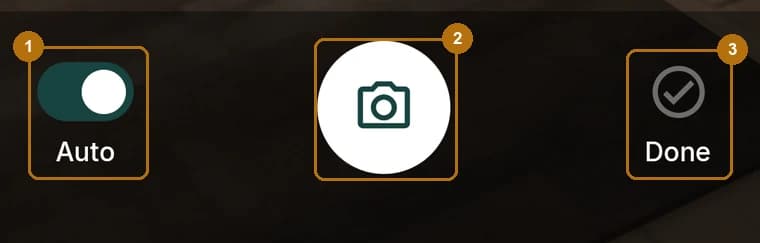 The ScanScore batch scanning control bar showing an Auto toggle switched on, a shutter button and a Done button