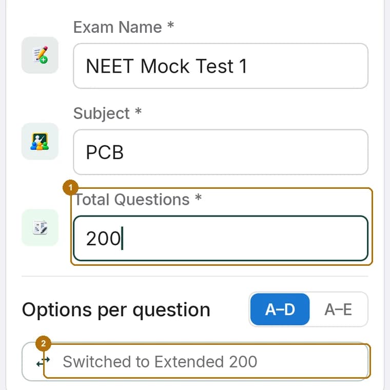 The ScanScore exam creation form with Total Questions set to 200 and a notice reading Switched to Extended 200