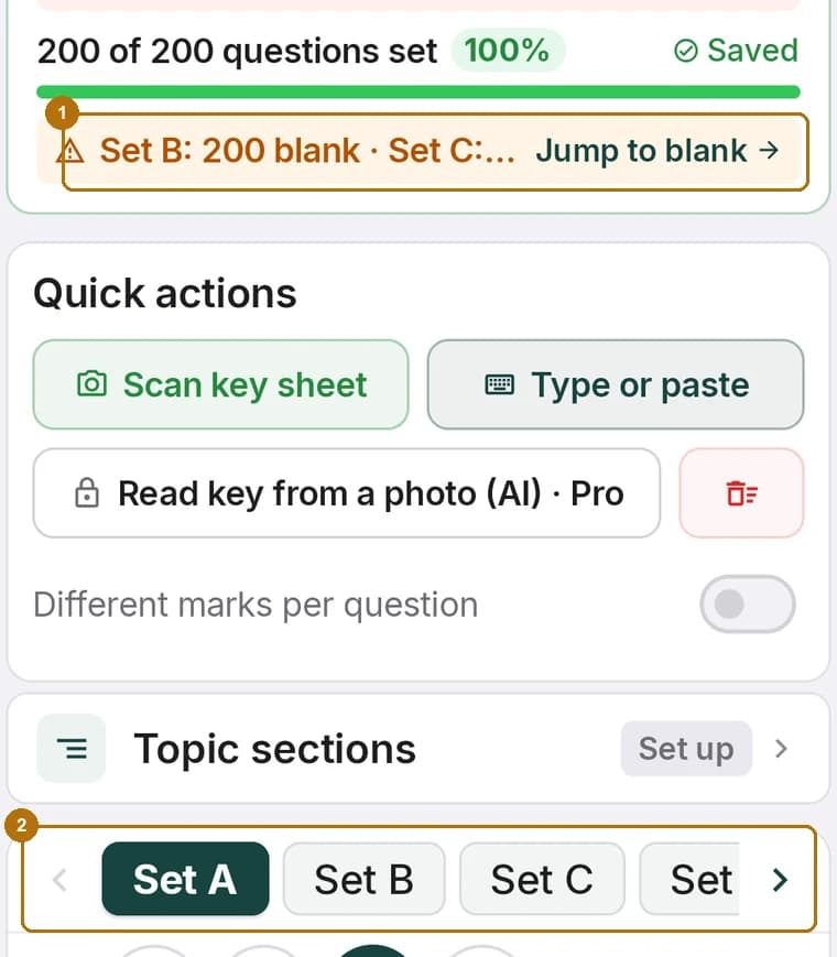 The ScanScore answer key screen for a ten-set exam, showing Set A complete, a warning that Set B onwards are blank, and tabs for Set A, B, C and D