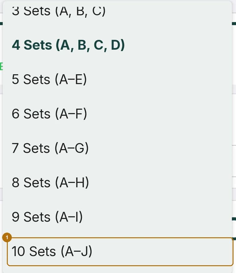 The ScanScore set count dropdown listing options from 2 Sets A B up to 10 Sets A to J