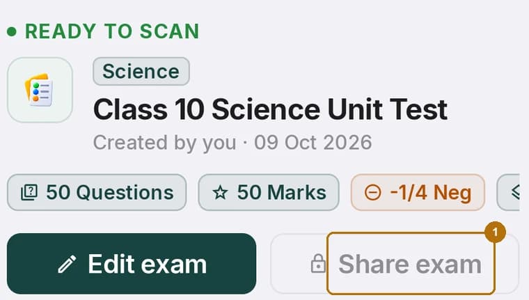 A ScanScore exam header with the Share exam button showing a padlock icon