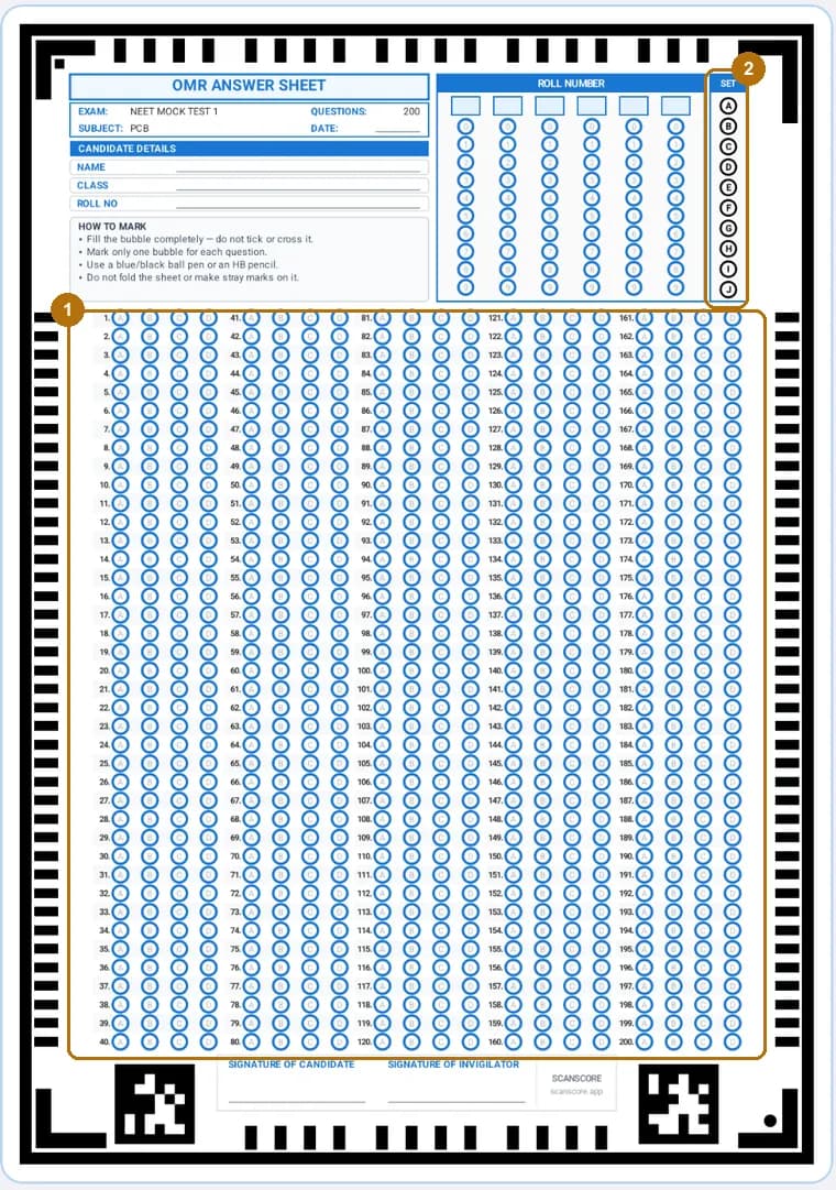 A full 200-question ScanScore OMR answer sheet showing five columns of forty questions, a roll number grid and a set code column from A to J