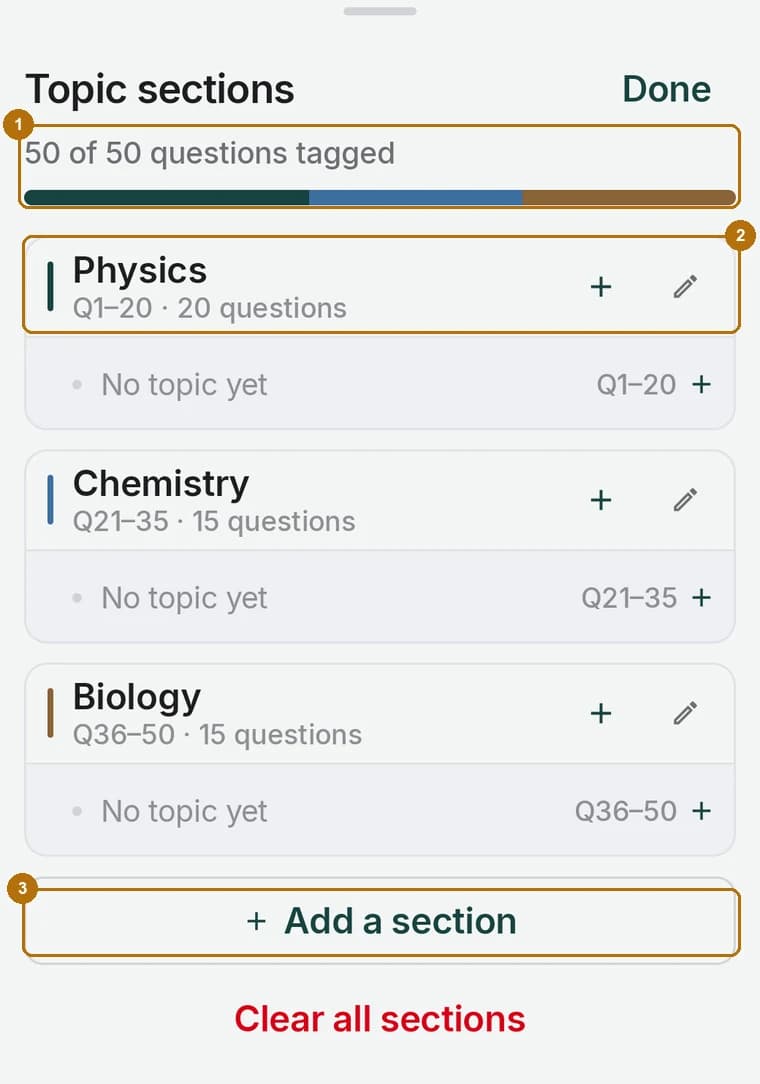 The Topic sections sheet in ScanScore showing Physics Q1–20, Chemistry Q21–35 and Biology Q36–50 with a tagged counter